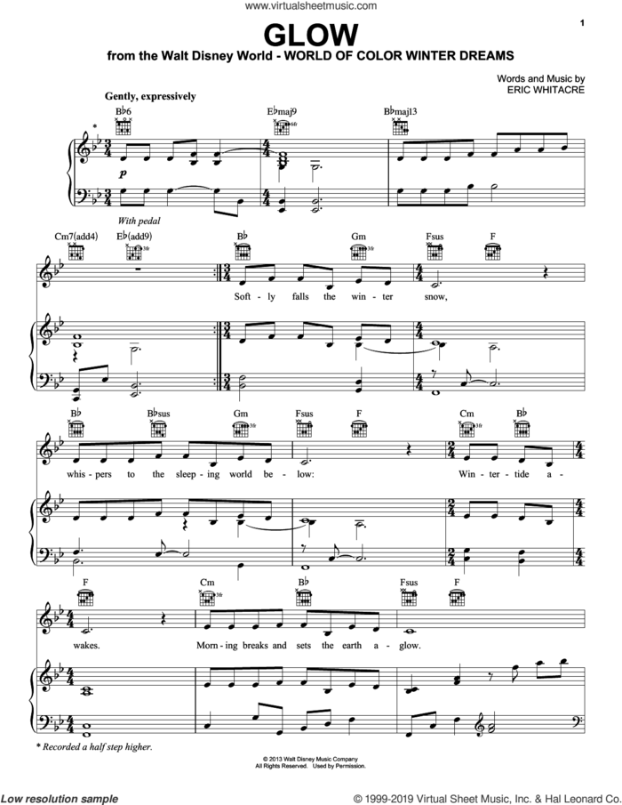 Glow sheet music for voice, piano or guitar by Eric Whitacre, intermediate skill level