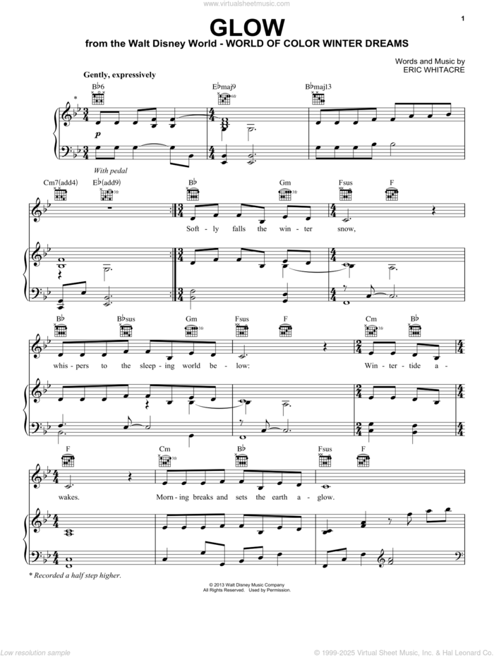 Glow sheet music for voice, piano or guitar by Eric Whitacre, intermediate skill level