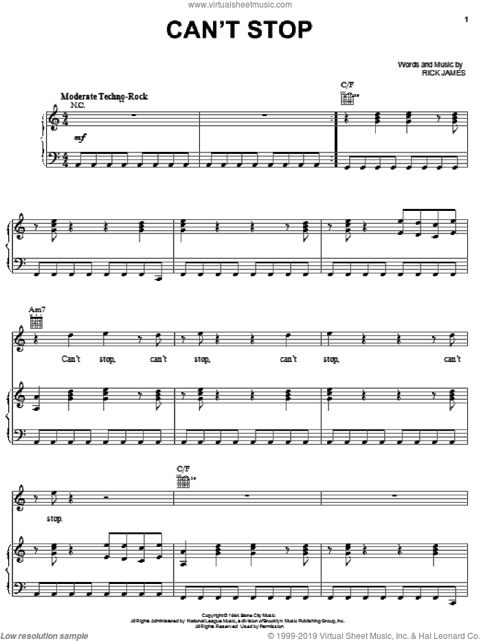 Can't Stop sheet music for voice, piano or guitar by Rick James, intermediate skill level