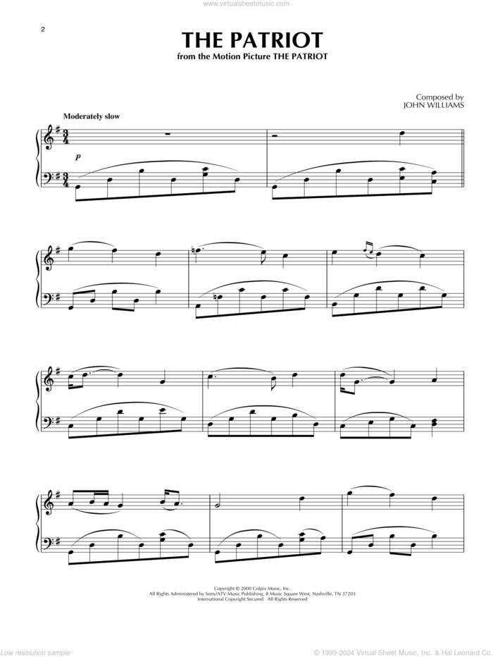 The Patriot sheet music for piano solo by John Williams, intermediate skill level