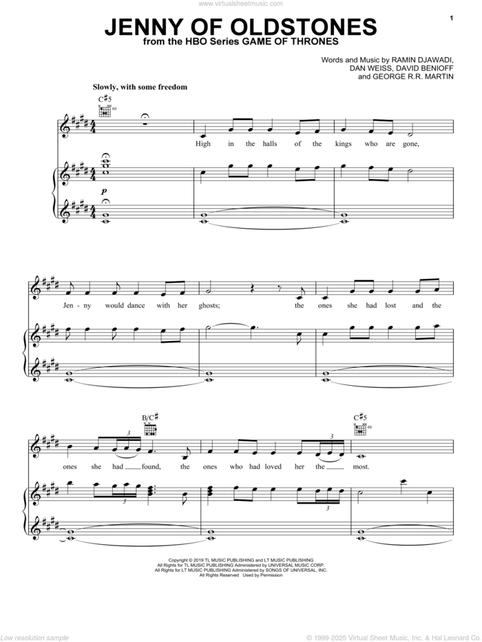 Jenny Of Oldstones (from Game of Thrones) sheet music for voice, piano or guitar by Ramin Djawadi, Florence + The Machine, Florence And The  Machine, Dan Weiss, David Benioff and George R.R. Martin, intermediate skill level