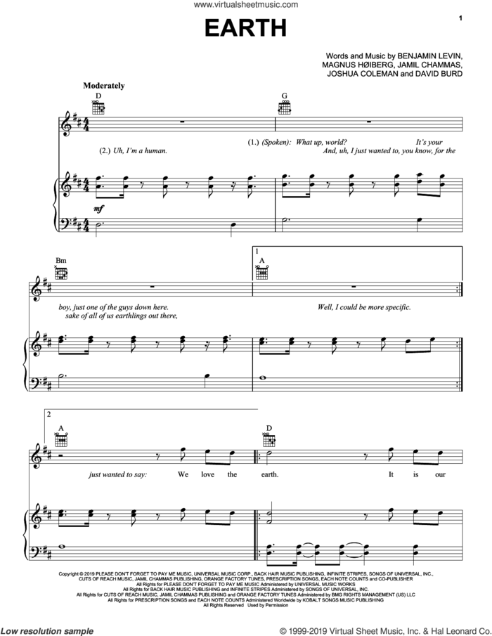 Earth sheet music for voice, piano or guitar by Lil Dicky, Benjamin Levin, David Burd, Jamil Chammas, Josh Coleman and Magnus Hoiberg, intermediate skill level