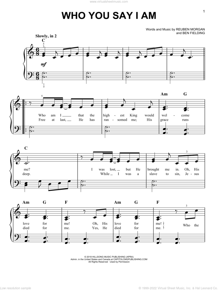 Who You Say I Am, (easy) sheet music for piano solo by Hillsong Worship, Ben Fielding and Reuben Morgan, easy skill level