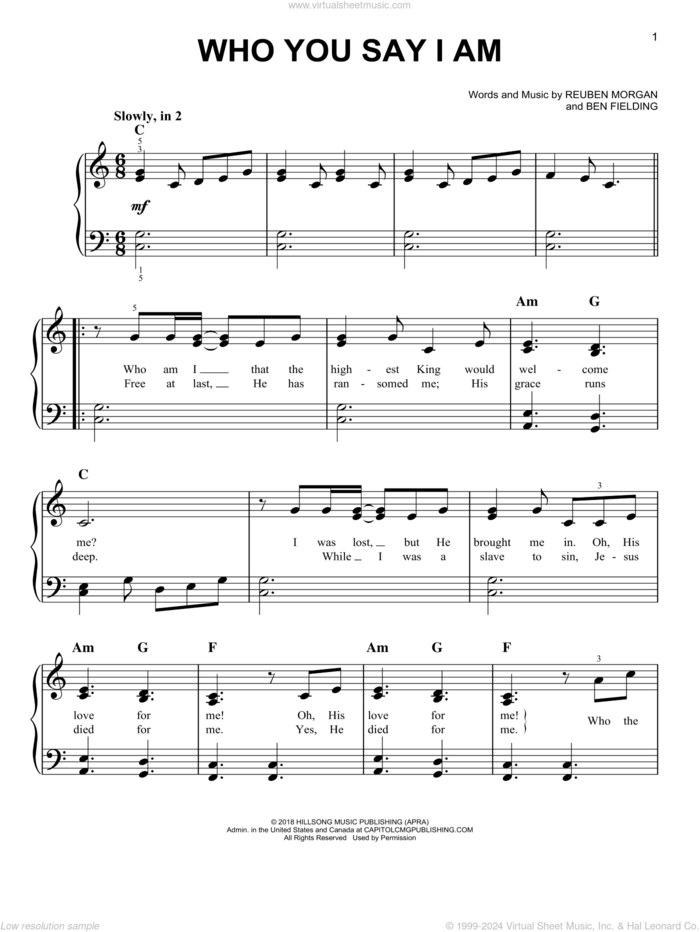 Who You Say I Am, (easy) sheet music for piano solo by Hillsong Worship, Ben Fielding and Reuben Morgan, easy skill level