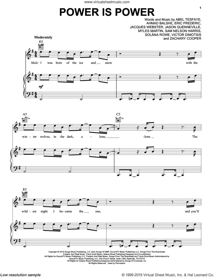 Power Is Power (from For the Throne: Music Inspired by Game of Thrones) sheet music for voice, piano or guitar by SZA, The Weeknd & Travis Scott, Abel Tesfaye, Ahmad Balshe, Eric Frederic, Jacques Berman Webster II, Jason Quenneville, Myles Martin, Sam Nelson Harris, Solana Imani Rowe, Victor Dimotsis and Zachary Cooper, intermediate skill level