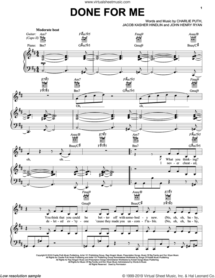 Done For Me (feat. Kehlani) sheet music for voice, piano or guitar by Charlie Puth, Charlie Puth (feat. Kehlani), Jacob Kasher Hindlin and John Henry Ryan, intermediate skill level