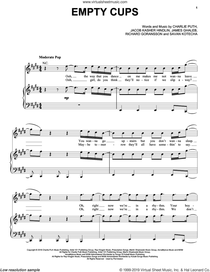 Empty Cups sheet music for voice, piano or guitar by Charlie Puth, Jacob Kasher Hindlin, James Ghaleb, Rickard Goransson and Savan Kotecha, intermediate skill level