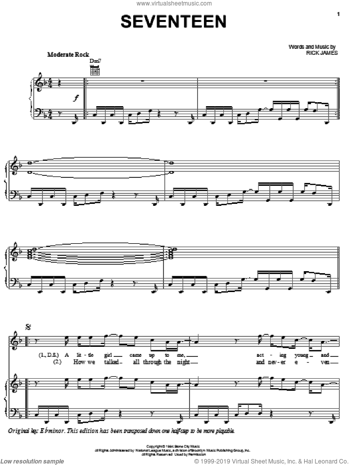 Seventeen sheet music for voice, piano or guitar by Rick James, intermediate skill level