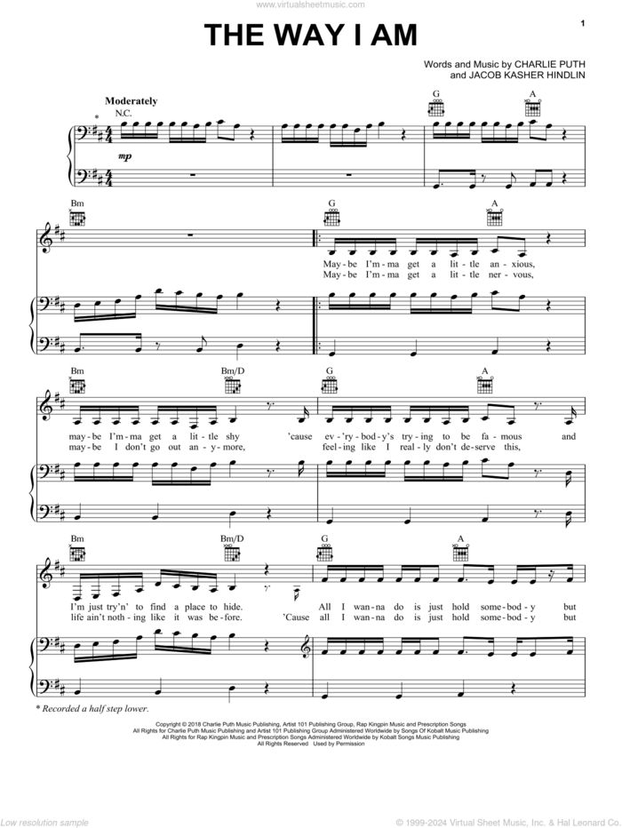 The Way I Am sheet music for voice, piano or guitar by Charlie Puth and Jacob Kasher Hindlin, intermediate skill level