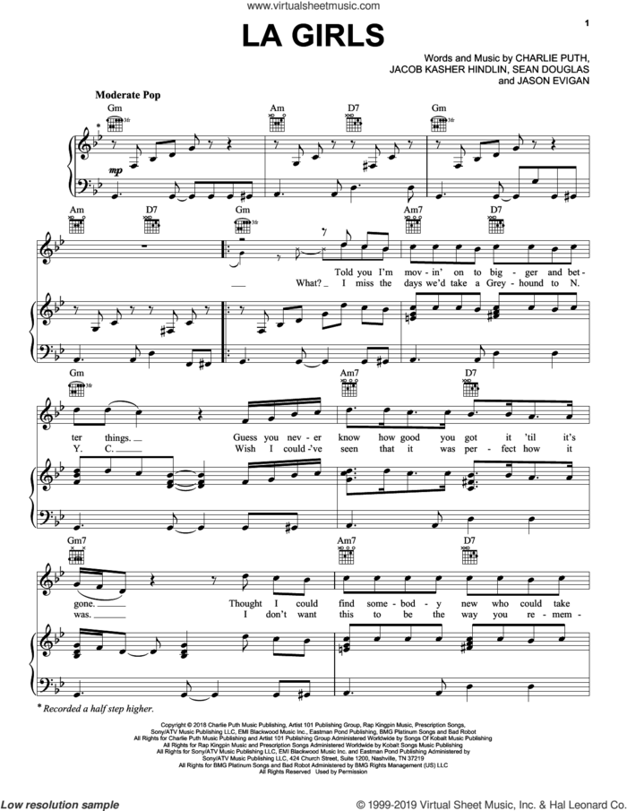 LA Girls sheet music for voice, piano or guitar by Charlie Puth, Jacob Kasher Hindlin, Jason Evigan and Sean Douglas, intermediate skill level