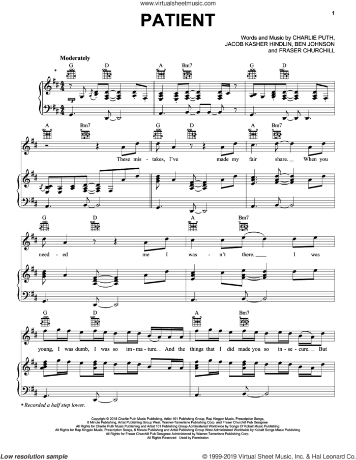 Patient sheet music for voice, piano or guitar by Charlie Puth, Benjamin Johnson, Fraser Churchill and Jacob Kasher Hindlin, intermediate skill level
