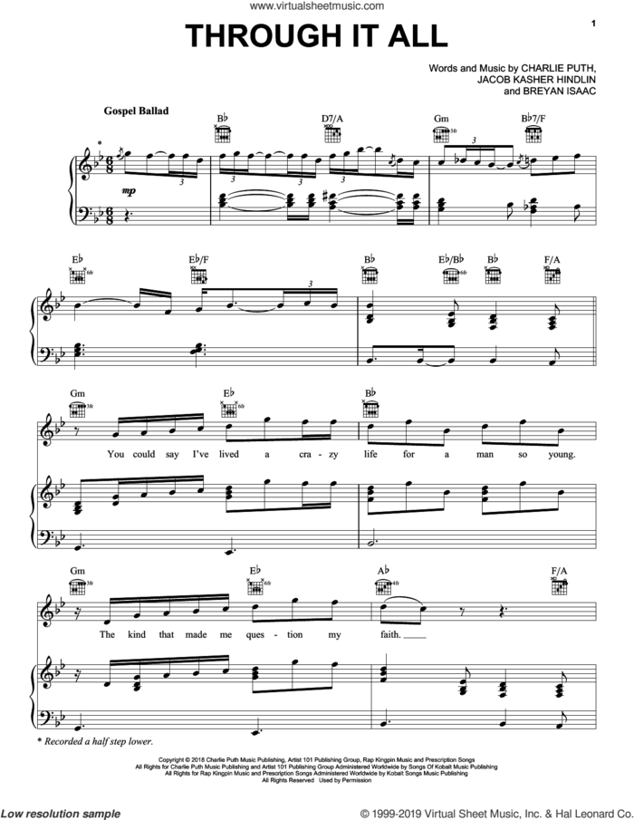 Through It All sheet music for voice, piano or guitar by Charlie Puth, Breyan Isaac and Jacob Kasher Hindlin, intermediate skill level