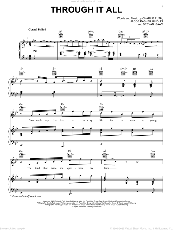 Through It All sheet music for voice, piano or guitar by Charlie Puth, Breyan Isaac and Jacob Kasher Hindlin, intermediate skill level