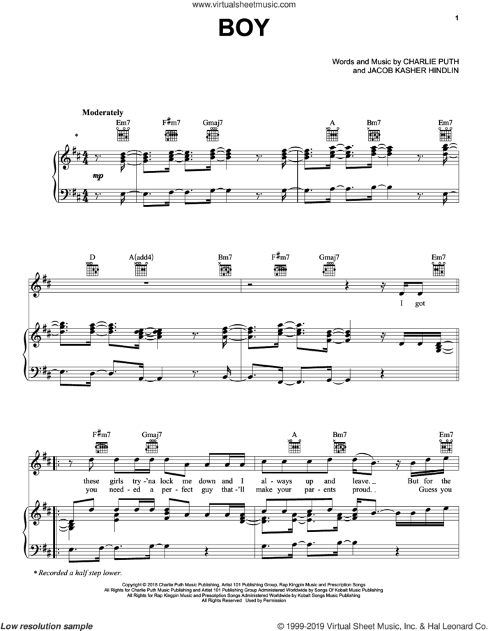 Boy sheet music for voice, piano or guitar by Charlie Puth and Jacob Kasher Hindlin, intermediate skill level