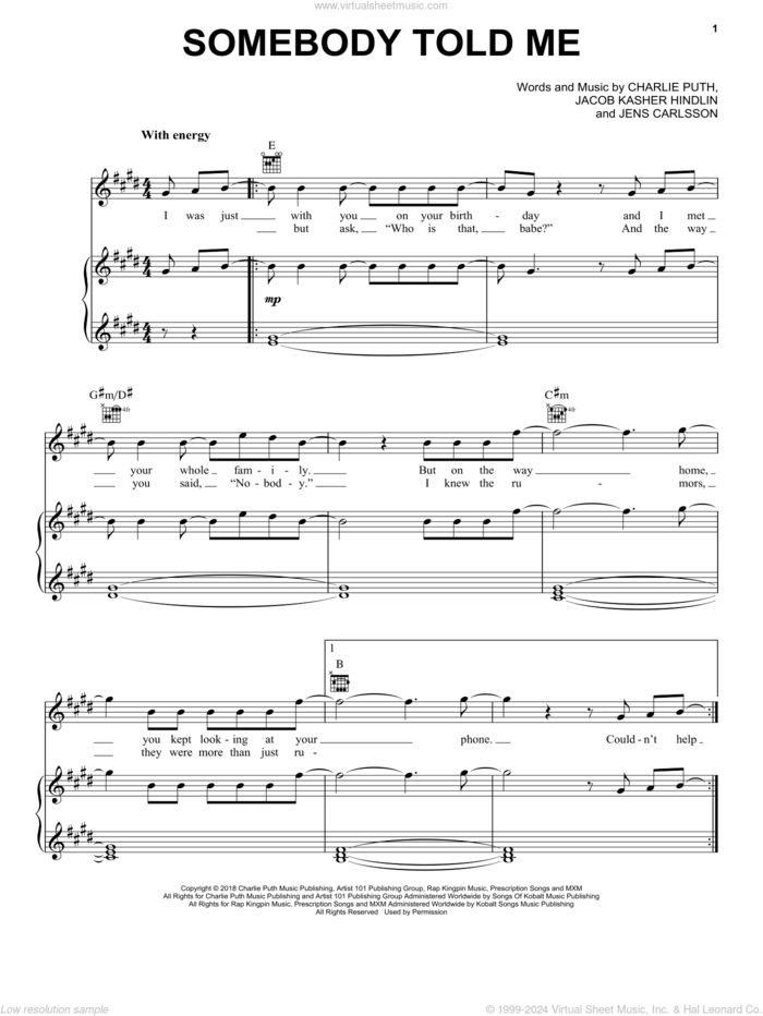 Somebody Told Me sheet music for voice, piano or guitar by Charlie Puth, Jacob Kasher Hindlin and Jens Carlsson, intermediate skill level