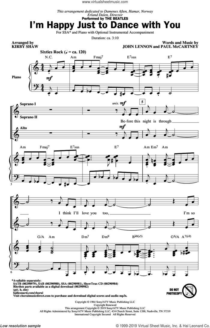 I'm Happy Just To Dance With You (arr. Kirby Shaw) sheet music for choir (SSA: soprano, alto) by The Beatles, Kirby Shaw, John Lennon and Paul McCartney, intermediate skill level