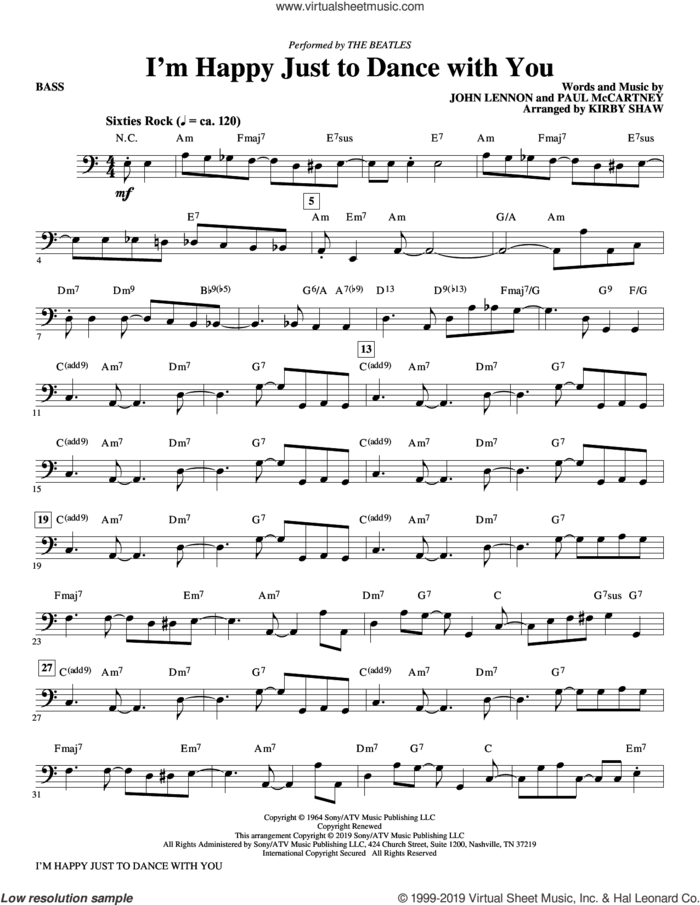 I'm Happy Just to Dance with You (arr. Kirby Shaw) sheet music for orchestra/band (bass) by The Beatles, Kirby Shaw, John Lennon and Paul McCartney, intermediate skill level