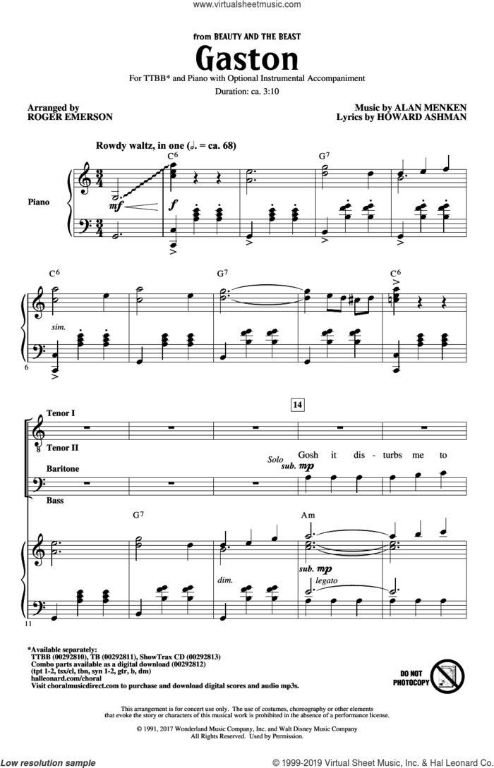 Gaston (from Beauty and The Beast) (arr. Roger Emerson) sheet music for choir (TTBB: tenor, bass) by Alan Menken, Roger Emerson, Alan Menken & Howard Ashman and Howard Ashman, intermediate skill level
