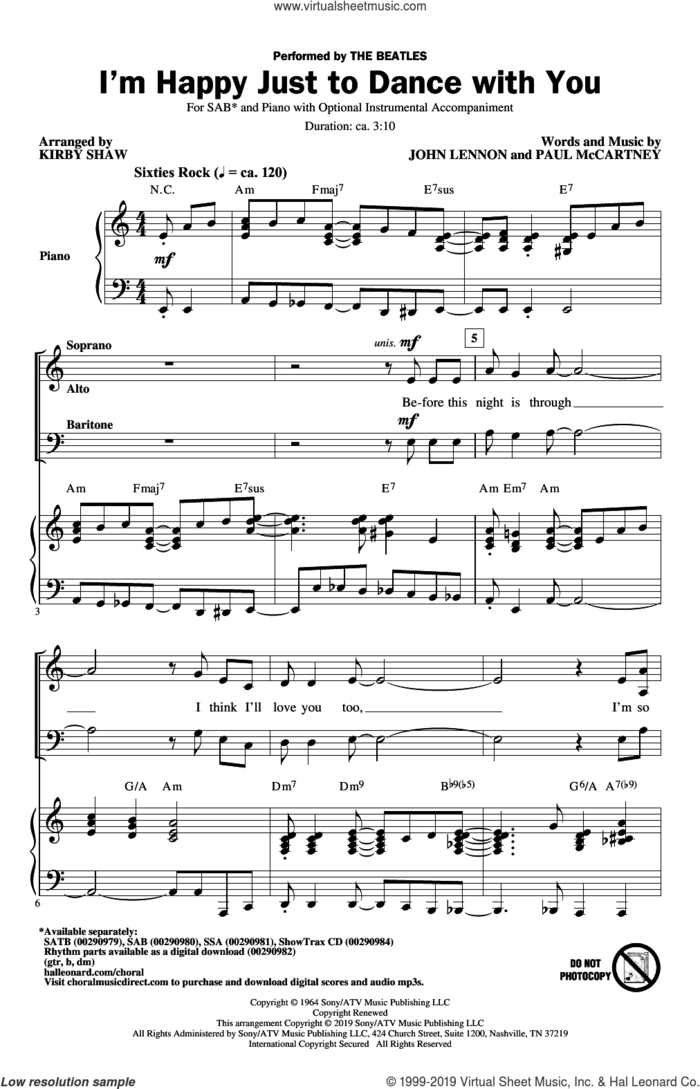 I'm Happy Just To Dance With You (arr. Kirby Shaw) sheet music for choir (SAB: soprano, alto, bass) by The Beatles, Kirby Shaw, John Lennon and Paul McCartney, intermediate skill level