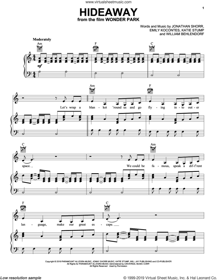 Hideaway (from Wonder Park) sheet music for voice, piano or guitar by Grace VanderWaal, Emily Kocontes, Jonathan Shorr, Katie Stump and William Behlendorf, intermediate skill level