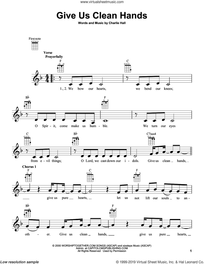 Give Us Clean Hands sheet music for ukulele by Chris Tomlin, Passion and Charlie Hall, intermediate skill level