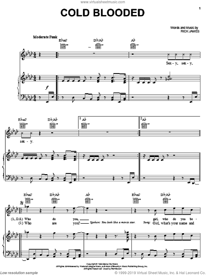 Cold Blooded sheet music for voice, piano or guitar by Rick James, intermediate skill level