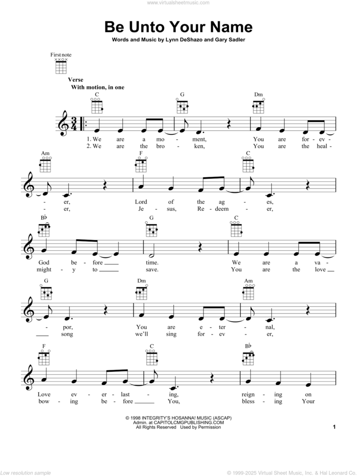 Be Unto Your Name sheet music for ukulele by Lynn DeShazo and Gary Sadler, intermediate skill level