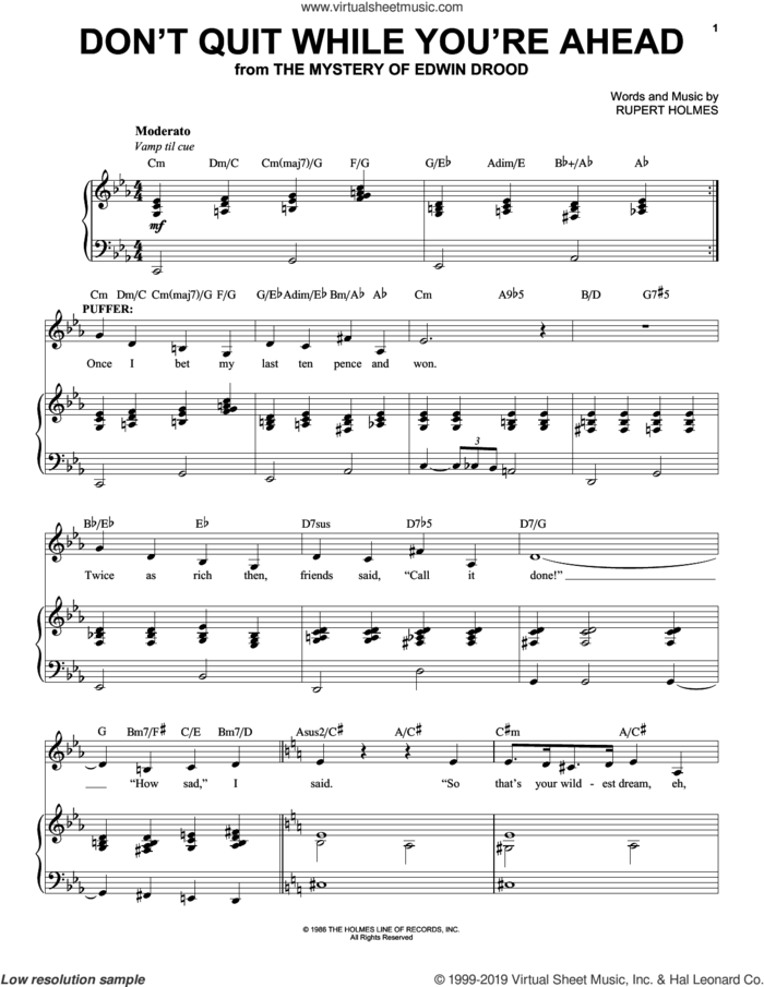 Don't Quit While You're Ahead (from The Mystery of Edwin Drood) sheet music for voice and piano by Rupert Holmes, intermediate skill level