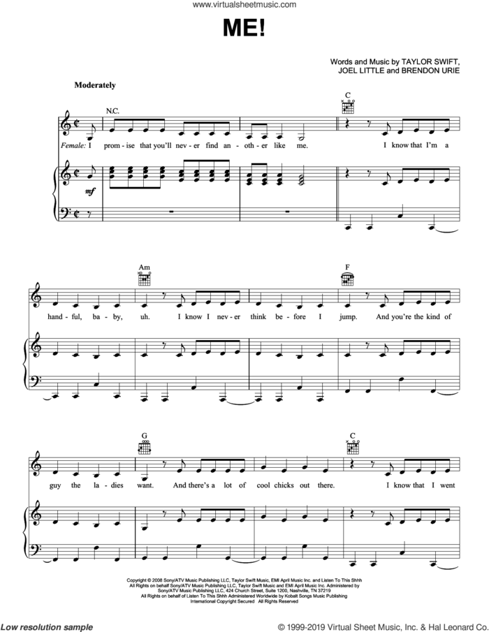 ME! (feat. Brendon Urie of Panic! At The Disco) sheet music for voice, piano or guitar by Taylor Swift, Brendon Urie and Joel Little, intermediate skill level