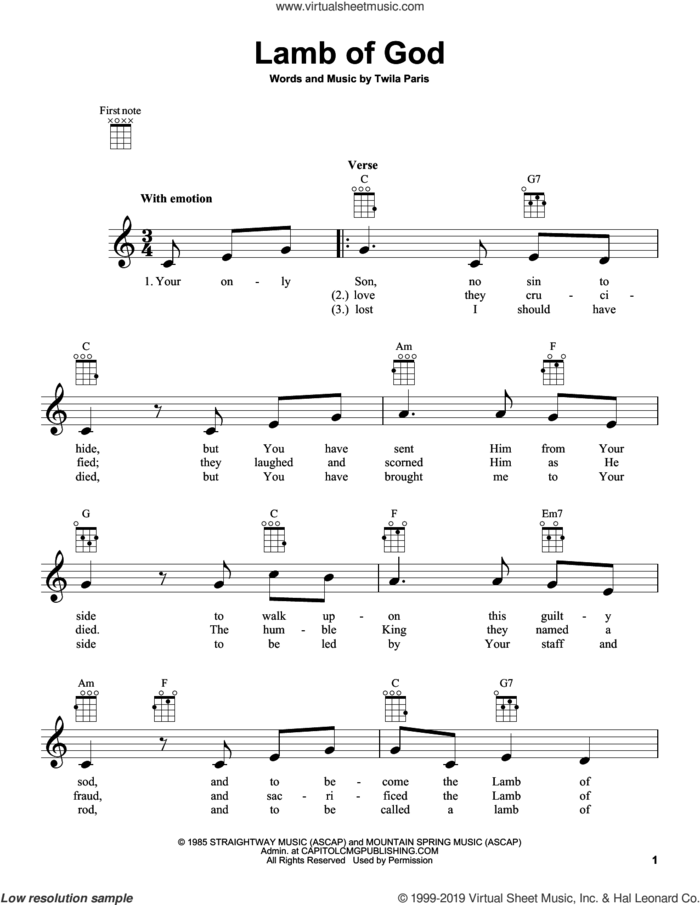 Lamb Of God sheet music for ukulele by Twila Paris, intermediate skill level
