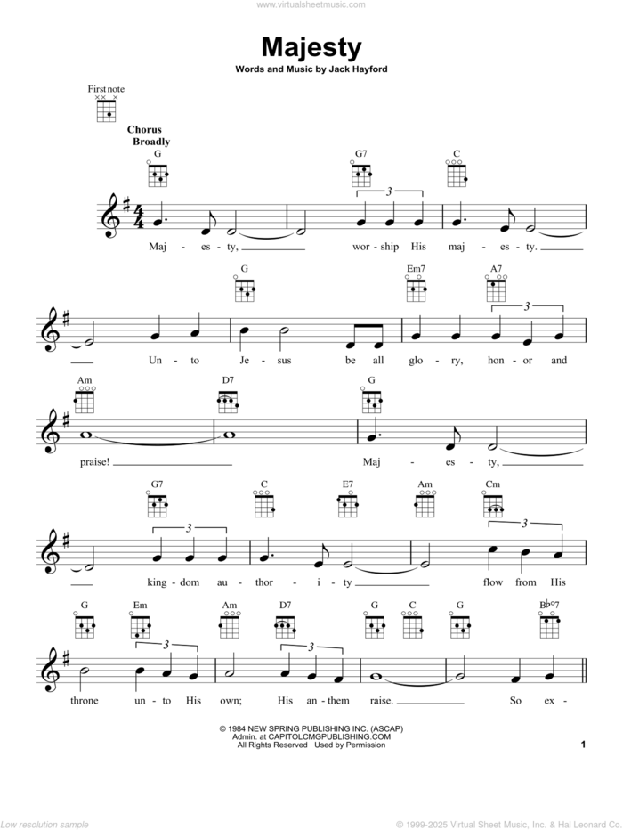 Majesty sheet music for ukulele by Jack Hayford, intermediate skill level