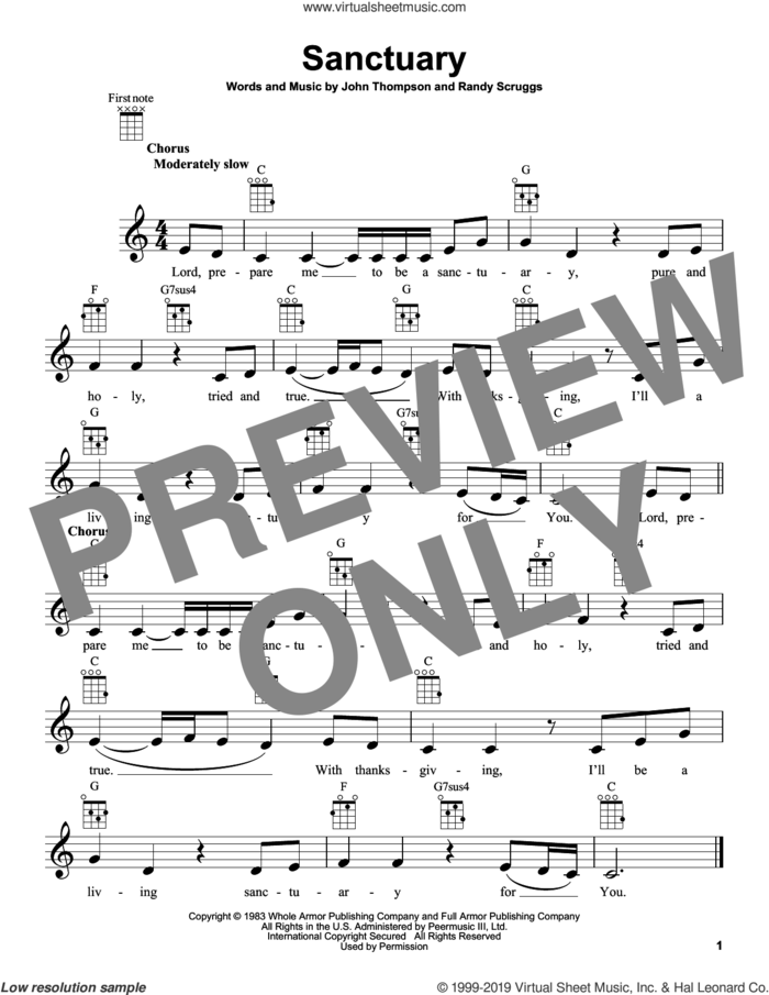 Sanctuary sheet music for ukulele by Randy Scruggs and John Thompson, intermediate skill level