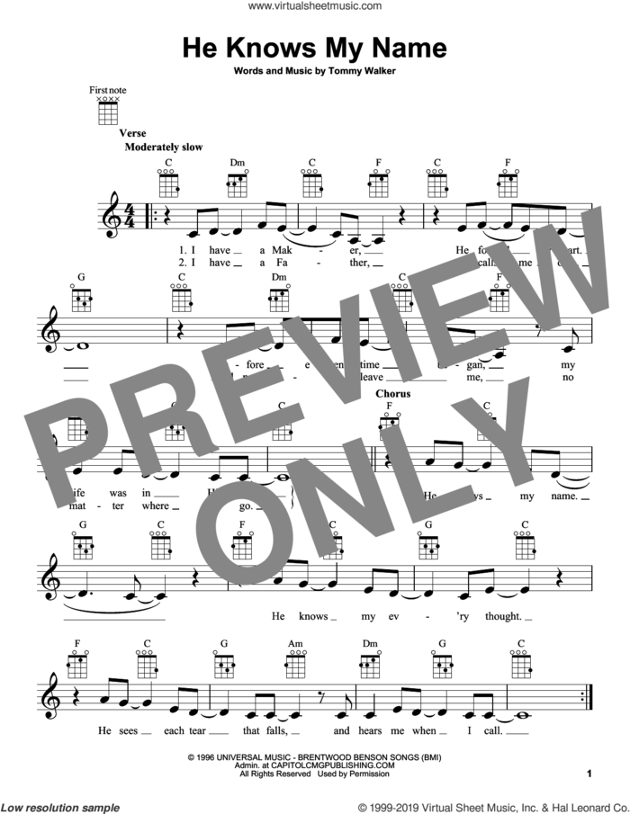 He Knows My Name sheet music for ukulele by Tommy Walker, intermediate skill level
