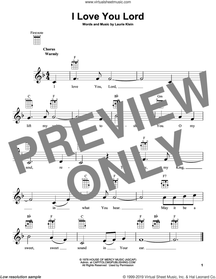 I Love You Lord sheet music for ukulele by Laurie Klein, intermediate skill level
