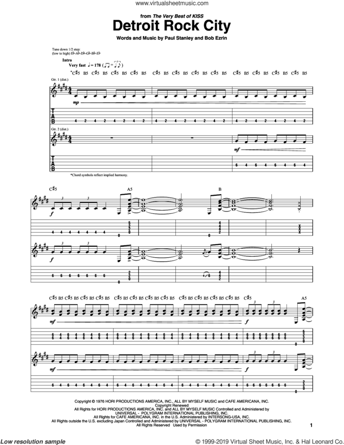 Detroit Rock City sheet music for guitar (tablature) by KISS, Bob Ezrin and Paul Stanley, intermediate skill level