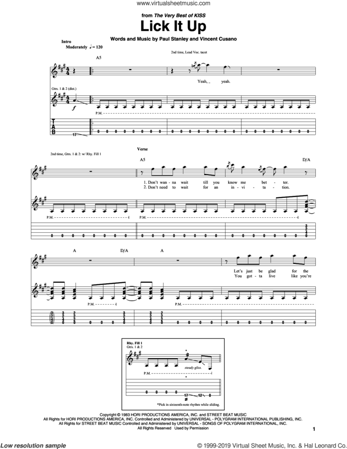 Lick It Up sheet music for guitar (tablature) by KISS, Paul Stanley and Vincent Cusano, intermediate skill level