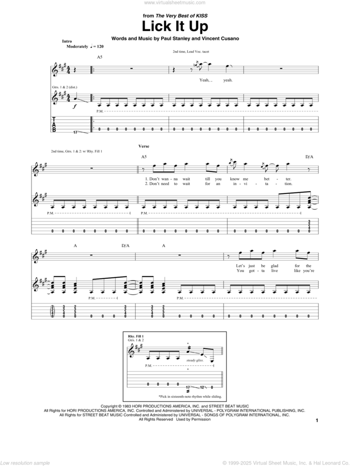 Lick It Up sheet music for guitar (tablature) by KISS, Paul Stanley and Vincent Cusano, intermediate skill level