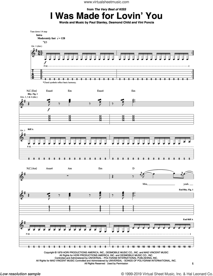I Was Made For Lovin' You sheet music for guitar (tablature) by KISS, Desmond Child, Paul Stanley and Vini Poncia, intermediate skill level