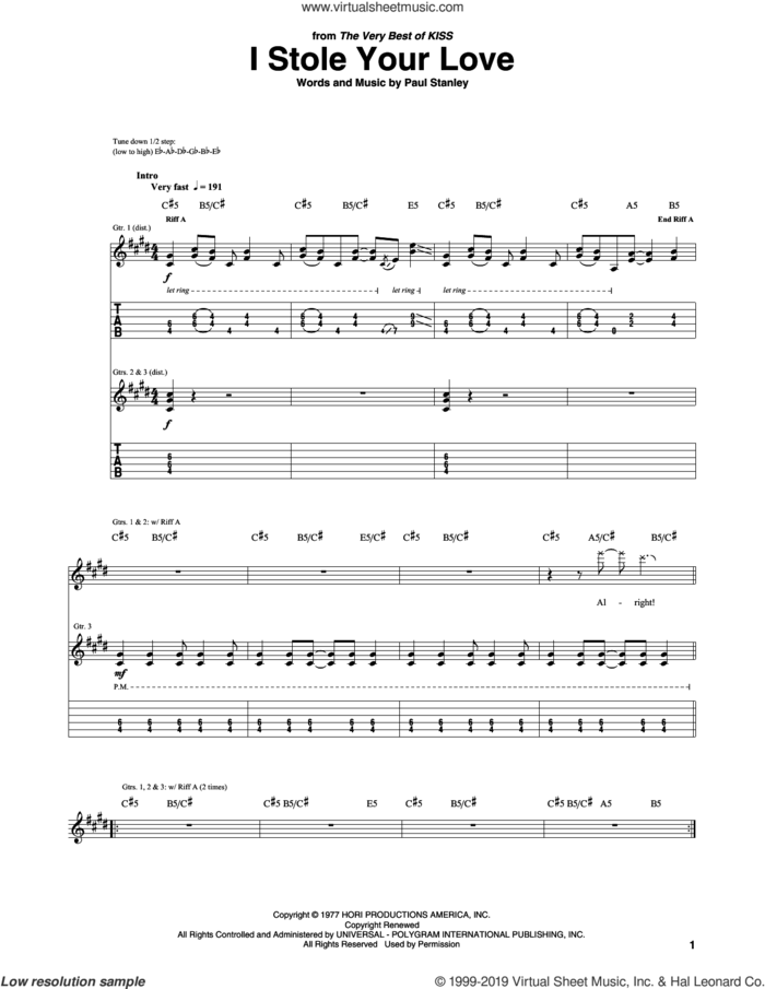 I Stole Your Love sheet music for guitar (tablature) by KISS and Paul Stanley, intermediate skill level