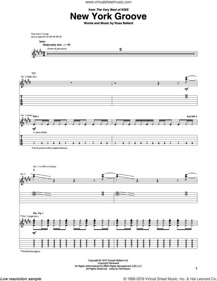 New York Groove sheet music for guitar (tablature) by KISS and Russ Ballard, intermediate skill level