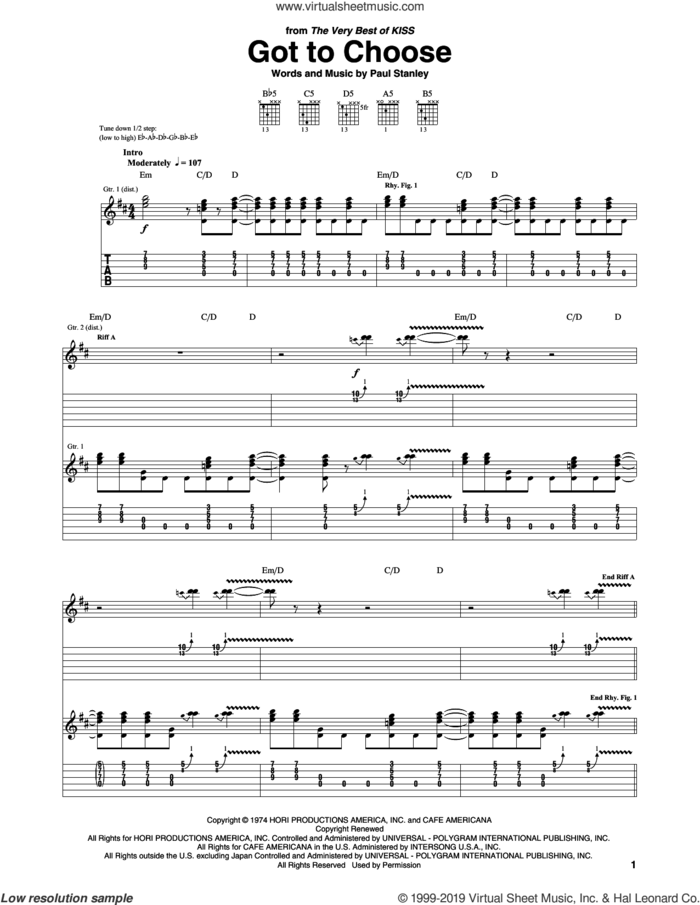 Got To Choose sheet music for guitar (tablature) by KISS and Paul Stanley, intermediate skill level