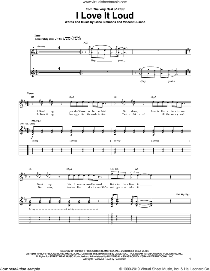 I Love It Loud sheet music for guitar (tablature) by KISS, Gene Simmons and Vincent Cusano, intermediate skill level