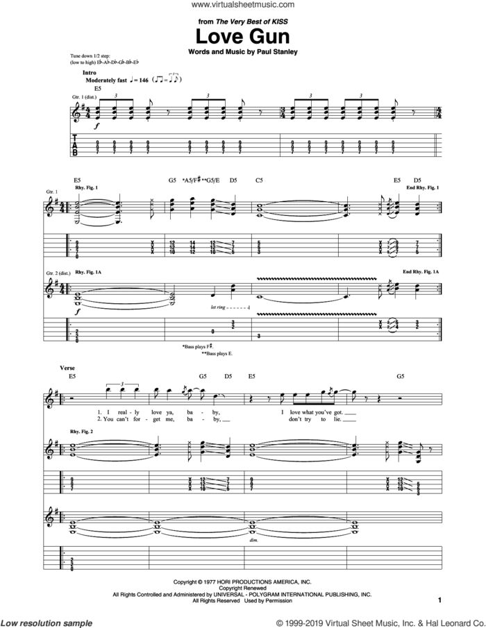Love Gun sheet music for guitar (tablature) by KISS and Paul Stanley, intermediate skill level