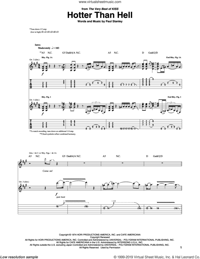Hotter Than Hell sheet music for guitar (tablature) by KISS and Paul Stanley, intermediate skill level
