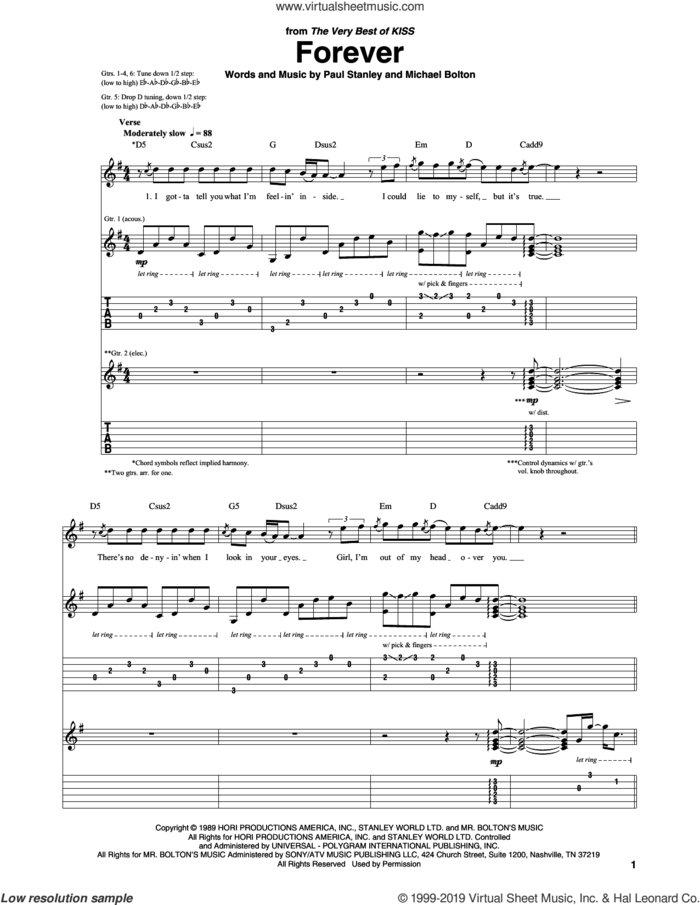 Forever sheet music for guitar (tablature) by KISS, Michael Bolton and Paul Stanley, intermediate skill level
