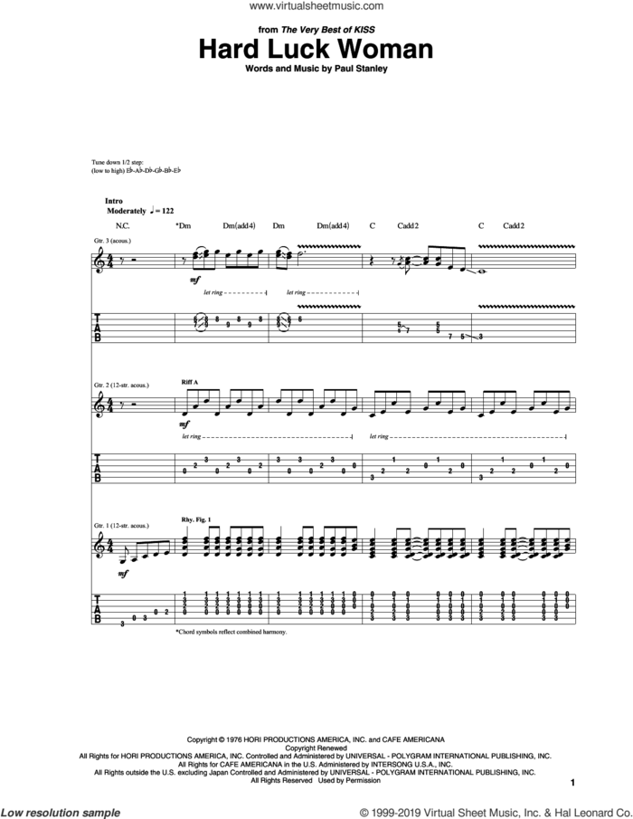 Hard Luck Woman sheet music for guitar (tablature) by KISS, Garth Brooks and Paul Stanley, intermediate skill level