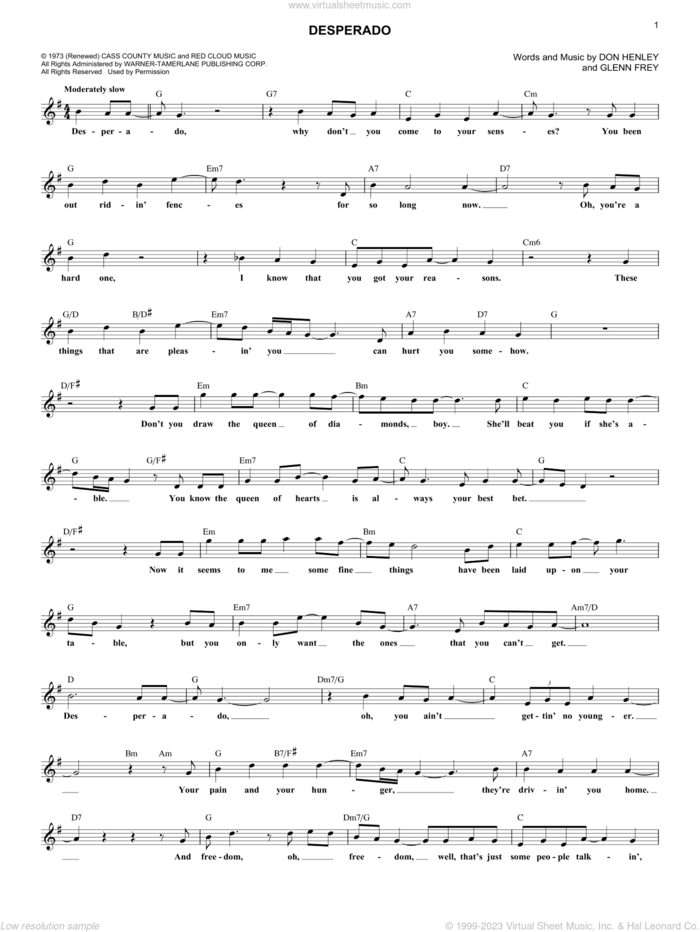 Desperado sheet music for voice and other instruments (fake book) by The Eagles, Don Henley and Glenn Frey, intermediate skill level