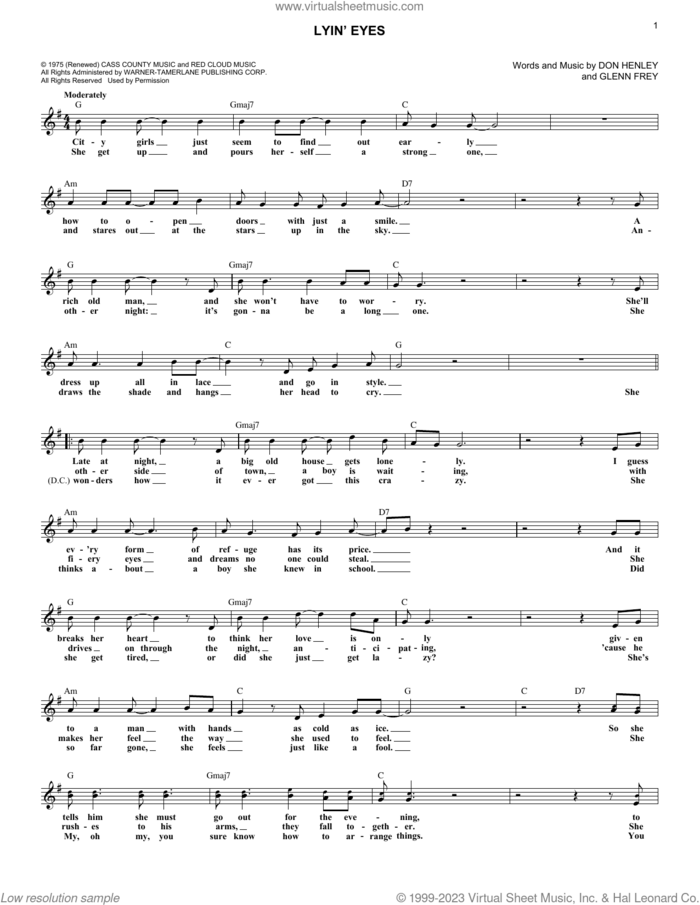 Lyin' Eyes sheet music for voice and other instruments (fake book) by The Eagles, Don Henley and Glenn Frey, intermediate skill level