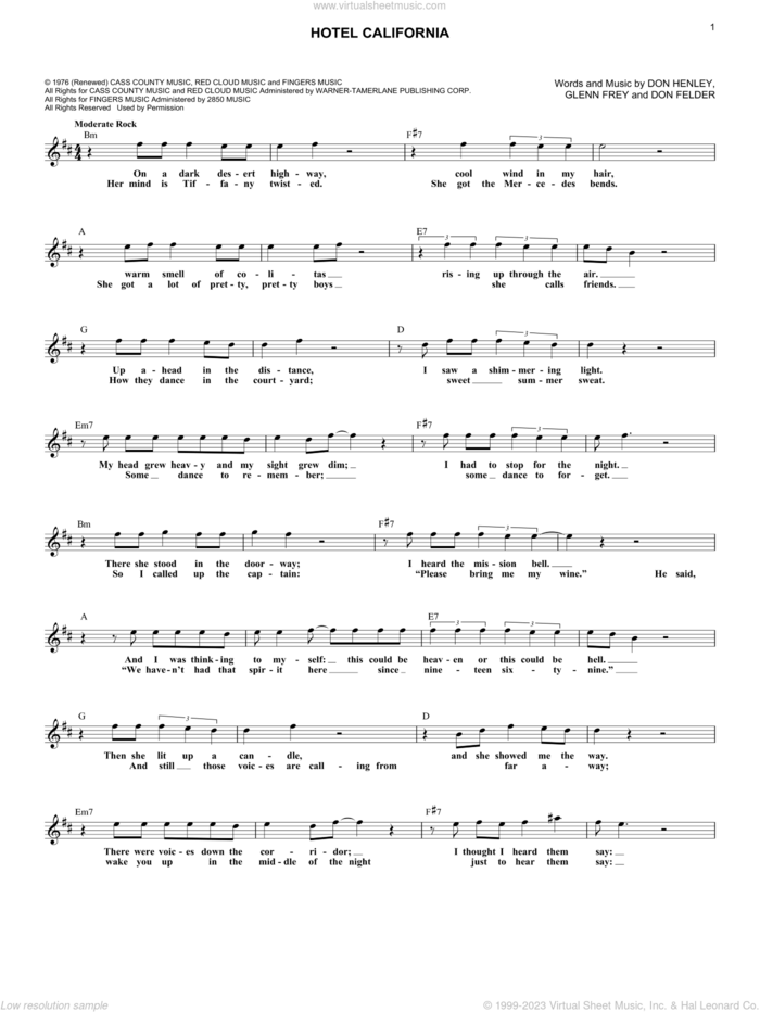Hotel California sheet music for voice and other instruments (fake book) by The Eagles, Don Felder, Don Henley and Glenn Frey, intermediate skill level