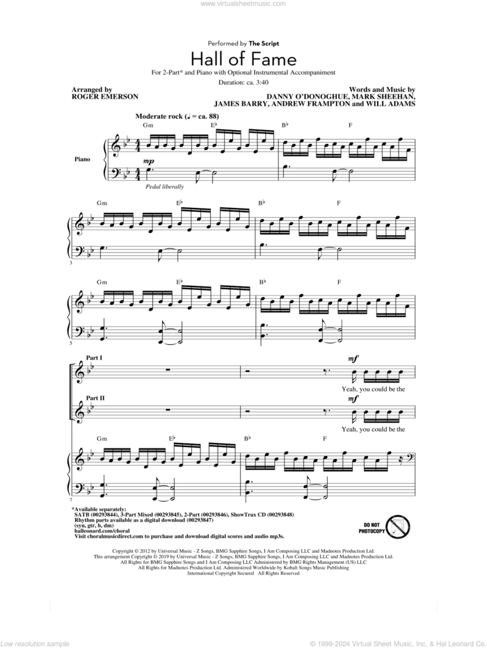 Hall Of Fame (feat. Will.I.Am) (arr. Roger Emerson) sheet music for choir (2-Part) by The Script, Roger Emerson, The Script feat. will.i.am, Andrew Frampton, James Barry, Mark Sheehan and Will Adams, intermediate duet